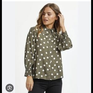 Kaffe Chic Olive Green Polka Dot Button Down Shirt size 36 Small-Medium